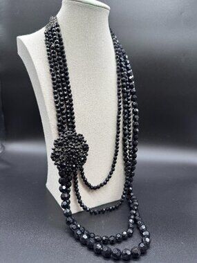 Statement Long Necklace Black Beads Lucite 4 Strands & Pendant 32 inches